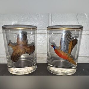Vintage Glass Gold Rimmed Highball Whiskey Glasses Game Birds Set Of Two